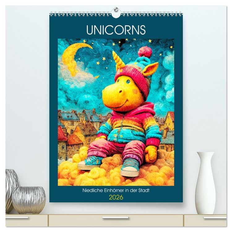 Produktbild: Unicorns. Niedliche Einh&ouml;rner in der Stadt (hochwertiger Premium Wandkalender 2026 DIN A2 hoch), Kunstdruck in Hochglanz