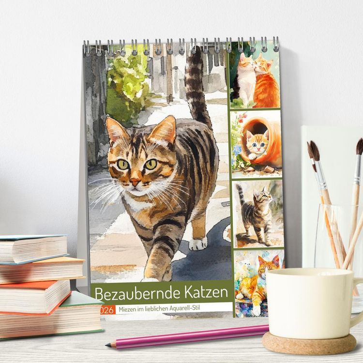 Produktbild: Bezaubernde Katzen. Miezen im lieblichen Aquarell-Stil (Tischkalender 2026 DIN A5 hoch), CALVENDO Monatskalender