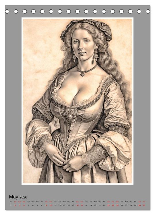 Produktbild: Baroque Beauties, Pencil Art with Artificial Intelligence (Desk Calendar 2026 DIN A5 portrait), CALVENDO 12 Month DeskCalendar