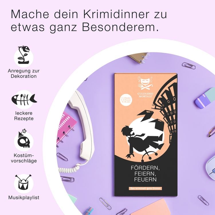 Produktbild: Culinario Mortale - F&ouml;rdern, feiern, feuern - Krimidinner f&uuml;r Zuhause f&uuml;r 6-8 Pe