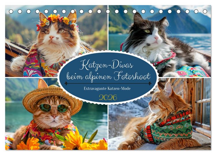 Produktbild: Katzen-Divas beim alpinen Fotoshoot. Extravagante Katzenmode (Tischkalender 2026 DIN A5 quer), CALVENDO Monatskalender