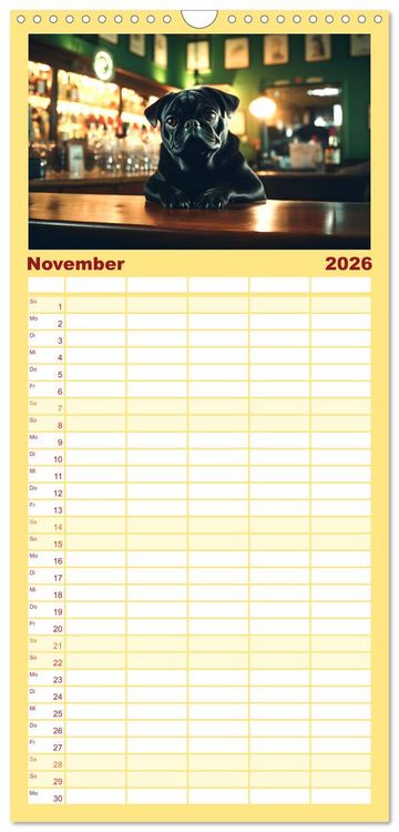 Produktbild: Familienplaner 2026 - Kleine Helden - eine Hommage an die Mopsrasse mit 5 Spalten (Wandkalender, 21 x 45 cm) CALVENDO