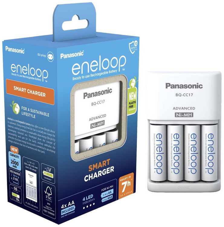 Produktbild: Panasonic Advanced BQ-CC17 + 4x eneloop AA Rundzellen-Ladeger&auml;t NiMH Micro (AAA), Mignon (AA)