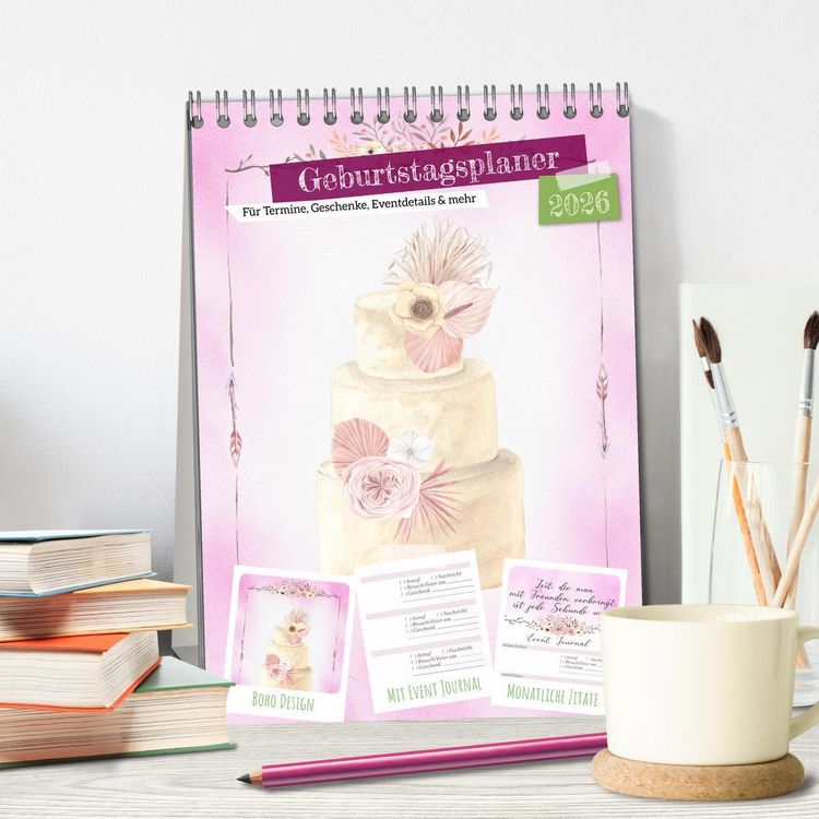 Produktbild: Geburtstagsplaner Boho Rosa - F&uuml;r Termine, Geschenke, Eventdetails & mehr (Tischkalender 2026 DIN A5 hoch), CALVENDO Monatskalender
