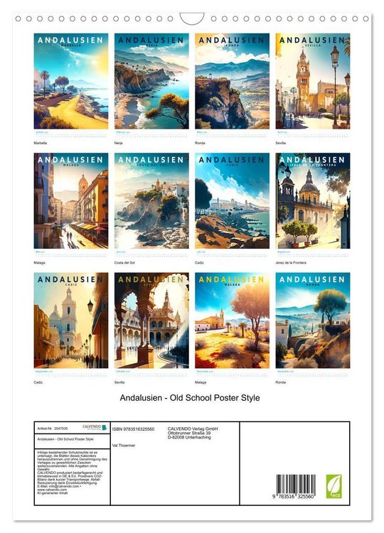 Produktbild: Andalusien - Old School Poster Style (Wandkalender 2026 DIN A3 hoch), CALVENDO Monatskalender