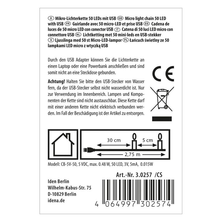 Produktbild: Idena Lichterkette 50 Micro LED warmwei&szlig; mit USB 2,75m