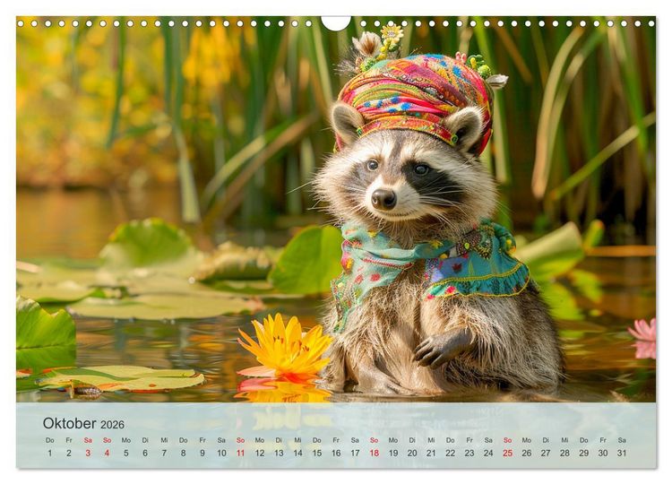 Produktbild: Niedlicher Waschb&auml;ren-Style. Modisch, elegant und blumig (Wandkalender 2026 DIN A3 quer), CALVENDO Monatskalender