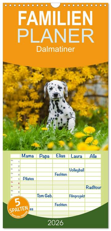 Produktbild: Familienplaner 2026 - Dalmatiner mit 5 Spalten (Wandkalender, 21 x 45 cm) CALVENDO