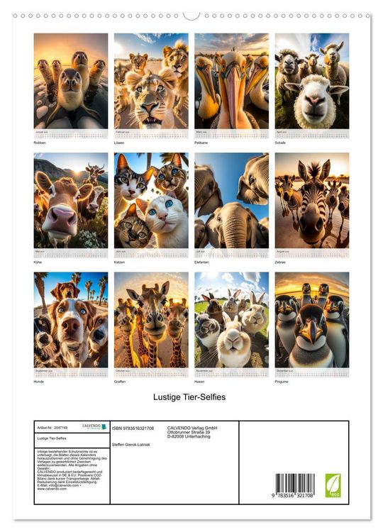 Produktbild: Lustige Tier-Selfies (hochwertiger Premium Wandkalender 2026 DIN A2 hoch), Kunstdruck in Hochglanz