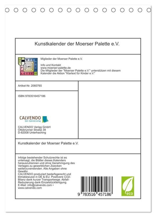 Produktbild: Kunstkalender der Moerser Palette e.V. (Tischkalender 2026 DIN A5 hoch), CALVENDO Monatskalender