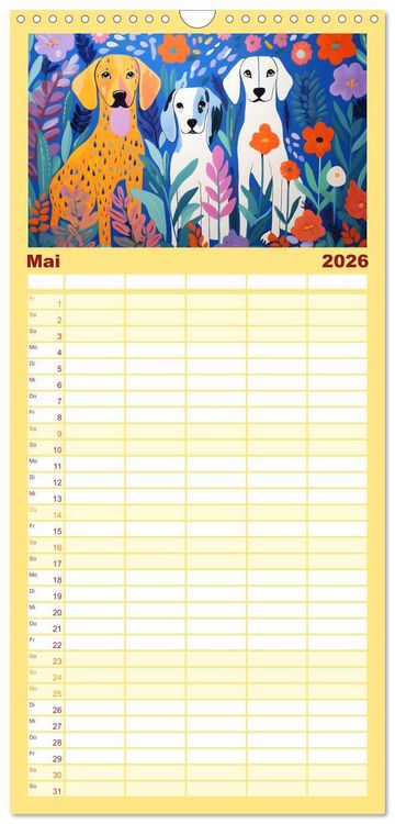 Produktbild: Familienplaner 2026 - Hunde Kunstwerke - Hunde im Stil des Fauvismus k&uuml;nstlerisch gestaltet mit 5 Spalten (Wandkalender, 21 x 45 cm) CALVENDO