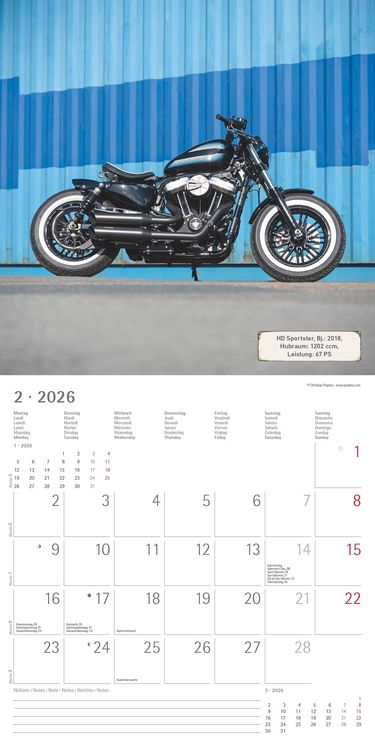 Produktbild: Harleys 2026 - Broschürenkalender 30x30 cm (30x60 geöffnet) - Kalender mit Platz für Notizen - Motorräder - Bildkalender - Wandplaner - Harley-Davidso