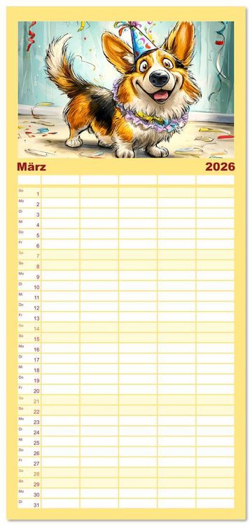 Produktbild: Familienplaner 2026 - Lustige Corgis. Niedliche Cartoons von gl&uuml;cklichen Hunden mit 5 Spalten (Wandkalender, 21 x 45 cm) CALVENDO