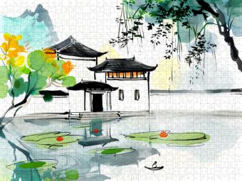 Produktbild: CALVENDO Puzzle Chinesische Tempelanlage am Seerosenteich. Tuschemalerei | 1000 Teile Lege-Gr&ouml;&szlig;e 64x48cm Foto-Puzzle f&uuml;r gl&uuml;ckliche Stunden