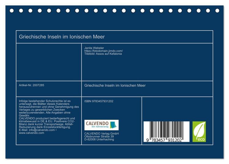 Produktbild: Griechische Inseln im Ionischen Meer (Tischkalender 2026 DIN A5 quer), CALVENDO Monatskalender