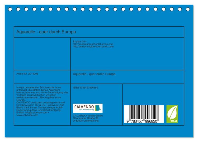 Produktbild: Aquarelle - quer durch Europa (Tischkalender 2026 DIN A5 quer), CALVENDO Monatskalender