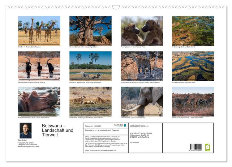 Produktbild: Botswana &ndash; Landschaft und Tierwelt (Wandkalender 2026 DIN A2 quer), CALVENDO Monatskalender