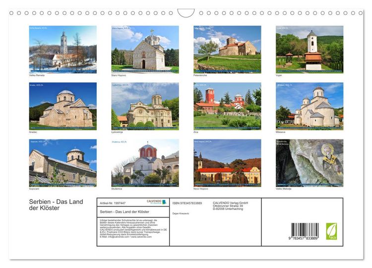 Produktbild: Serbien - Das Land der Kl&ouml;ster (Wandkalender 2026 DIN A3 quer), CALVENDO Monatskalender