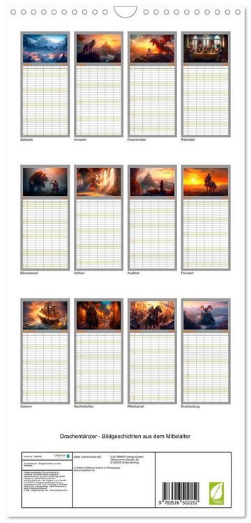 Produktbild: Familienplaner 2026 - Drachent&auml;nzer - Bildgeschichten aus dem Mittelalter mit 5 Spalten (Wandkalender, 21 x 45 cm) CALVENDO