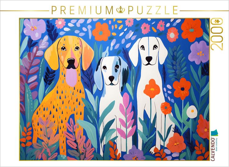 Produktbild: CALVENDO Puzzle Drei Hunde sitzen zwischen Blumen im Garten | 2000 Teile Lege-Gr&ouml;&szlig;e 90x67cm Foto-Puzzle f&uuml;r gl&uuml;ckliche Stunden