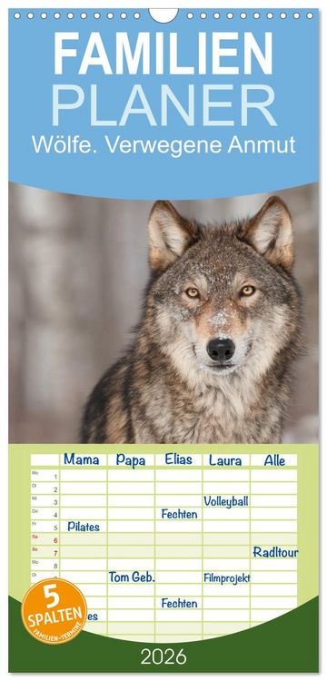 Produktbild: Familienplaner 2026 - W&ouml;lfe. Verwegene Anmut mit 5 Spalten (Wandkalender, 21 x 45 cm) CALVENDO