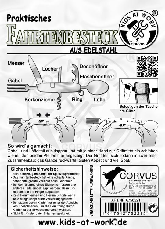 Produktbild: Corvus A750221 - Kids at Work, Fahrtenbesteck mit G&uuml;rteltasche, Besteck f&uuml;r unterwegs, Edelstahl, Klappbesteck
