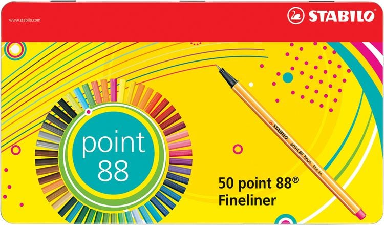 Produktbild: STABILO Fineliner -   point 88 - 50er Metalletui - mit 47 verschiedenen Farben - 2x blau, rot, schwarz
