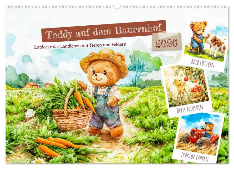 Produktbild: Teddy auf dem Bauernhof - Entdecke das Landleben mit Tieren und Feldern (Wandkalender 2026 DIN A2 quer), CALVENDO Monatskalender