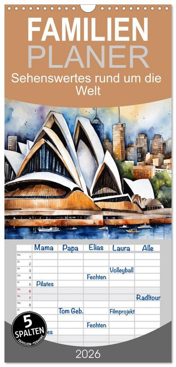 Produktbild: Familienplaner 2026 - Sehenswertes rund um die Welt mit 5 Spalten (Wandkalender, 21 x 45 cm) CALVENDO