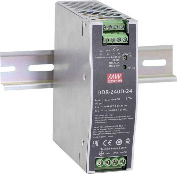 Produktbild: MEAN WELL DDR-240D-24 Hutschienen-DC/DC-Wandler (DIN-Rail) 24 V/DC 10 A 240 W Anzahl Ausg&auml;nge:1 x Inhalt 1 St.