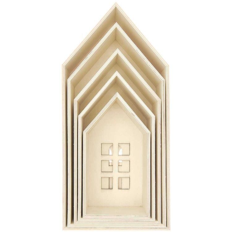 Produktbild: 5er Set Holz-Deko-H&auml;user aus Holz mit Fenstern,