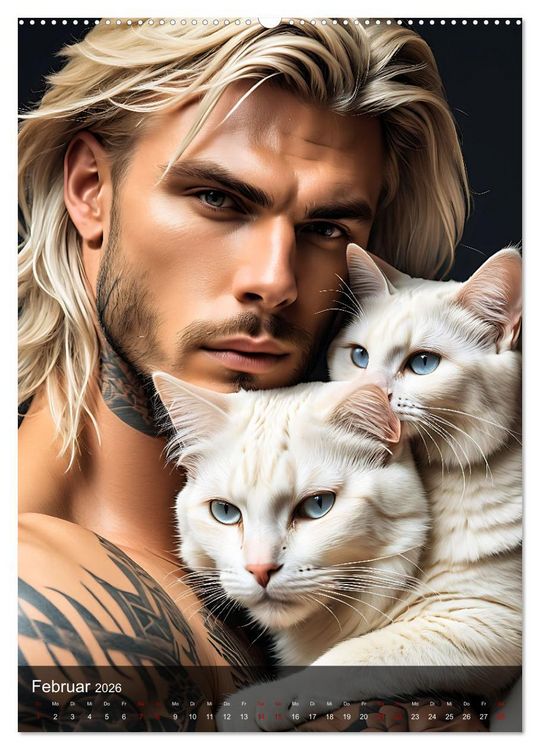 Produktbild: Verschmuste Kerle - Muskeln, Tattoos und Miezekatzen (hochwertiger Premium Wandkalender 2026 DIN A2 hoch), Kunstdruck in Hochglanz