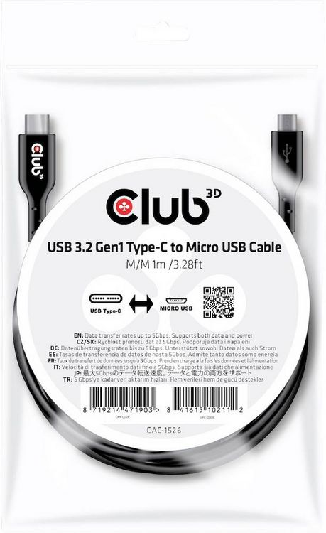 Produktbild: Club3D USB-Kabel USB 3.2 Gen1 USB-C&reg; Stecker, USB-Micro-B Stecker 1.00m Schwarz CAC-1526