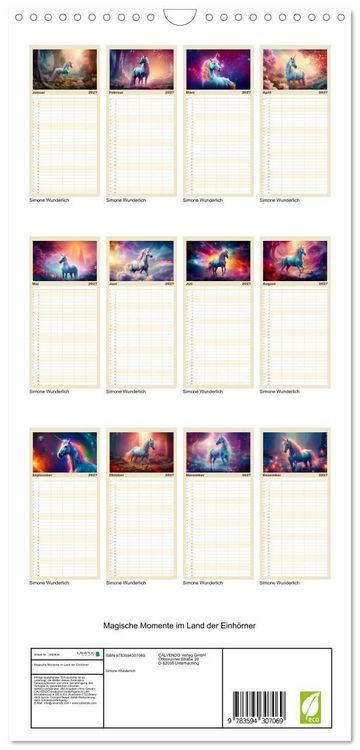 Produktbild: Familienplaner 2027 - Magische Momente im Land der Einh&ouml;rner mit 5 Spalten (Wandkalender, 21 x 45 cm) CALVENDO