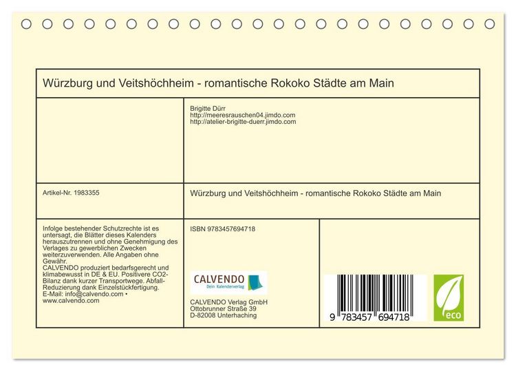 Produktbild: W&uuml;rzburg und Veitsh&ouml;chheim - romantische Rokoko St&auml;dte am Main (Tischkalender 2026 DIN A5 quer), CALVENDO Monatskalender