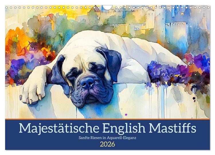 Produktbild: Majest&auml;tische English Mastiffs. Sanfte Riesen in Aquarell-Eleganz (Wandkalender 2026 DIN A3 quer), CALVENDO Monatskalender