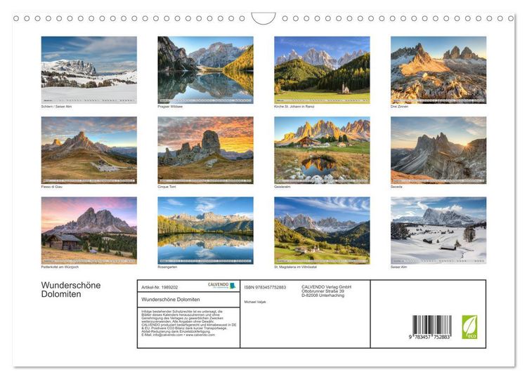Produktbild: Wundersch&ouml;ne Dolomiten (Wandkalender 2026 DIN A3 quer), CALVENDO Monatskalender