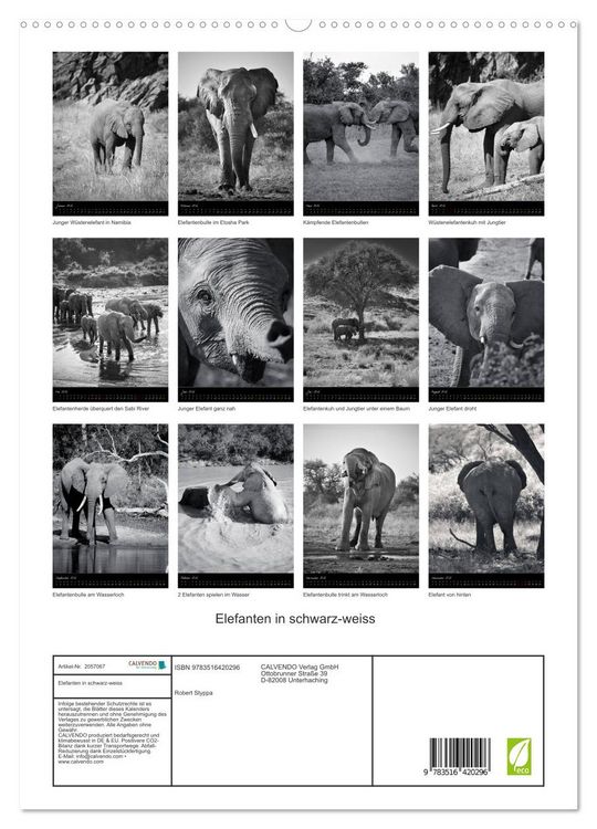 Produktbild: Elefanten in schwarz-weiss (hochwertiger Premium Wandkalender 2026 DIN A2 hoch), Kunstdruck in Hochglanz