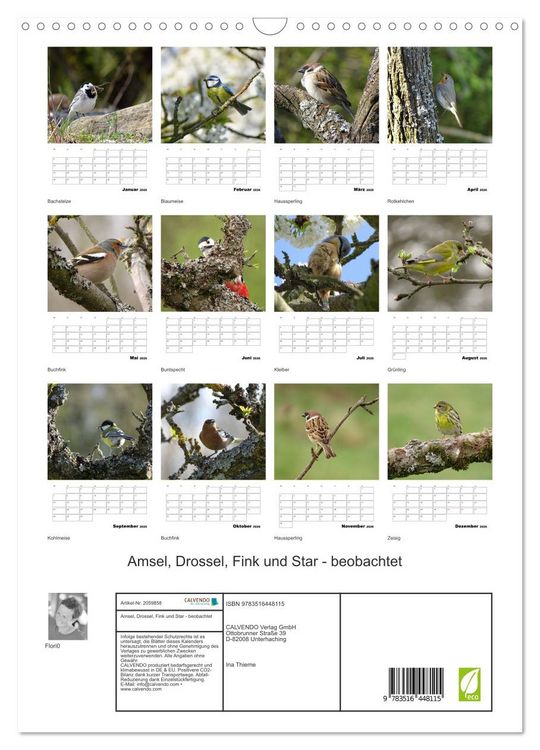Produktbild: Amsel, Drossel, Fink und Star - beobachtet (Wandkalender 2026 DIN A3 hoch), CALVENDO Monatskalender