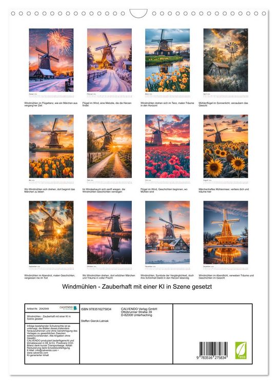 Produktbild: Windm&uuml;hlen - Zauberhaft mit einer KI in Szene gesetzt (Wandkalender 2026 DIN A3 hoch), CALVENDO Monatskalender