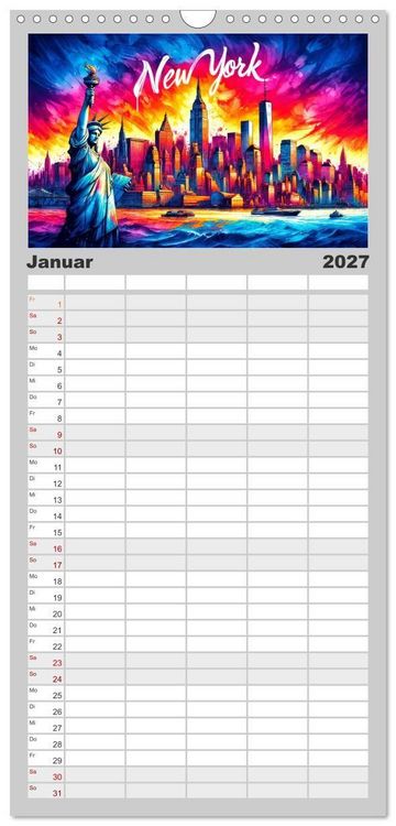 Produktbild: Familienplaner 2027 - Stadtansichten der USA in Tusche mit 5 Spalten (Wandkalender, 21 x 45 cm) CALVENDO