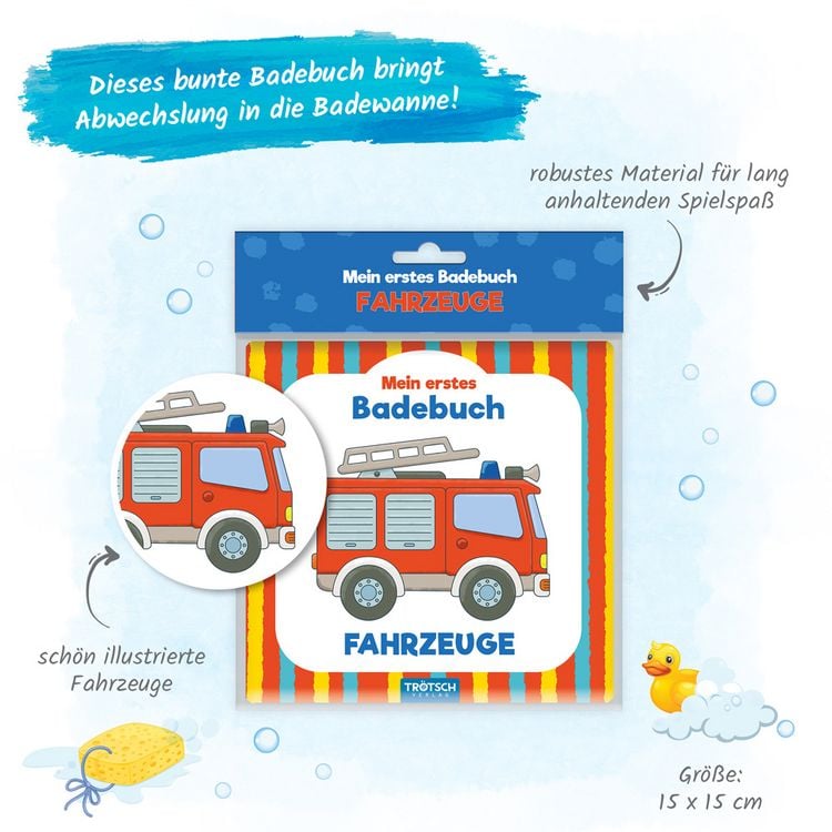 Produktbild: TR&Ouml;TSCH - Badebuch "Fahrzeuge" | Wasserfestes Badebuch mit liebevoll illustrierten Fahrzeugmotiven. Leuchtend buntes Badewannenbuch mit weichen Oberfl&auml;chen zum Dr&uuml;cken und Knautschen | Ab 0 Monaten
