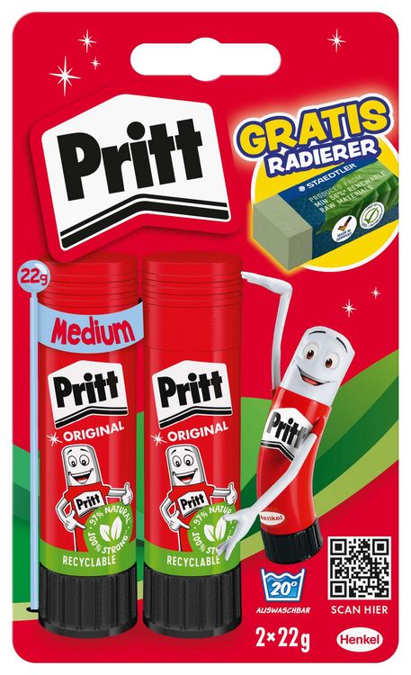 Produktbild: Pritt Original Klebestift, 222g, + Radierer gratis, Blisterkarte