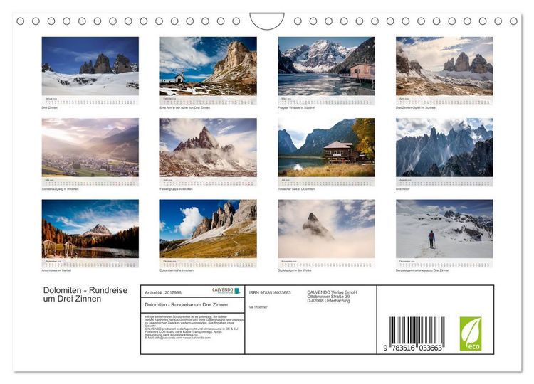 Produktbild: Dolomiten - Rundreise um Drei Zinnen (Wandkalender 2026 DIN A4 quer), CALVENDO Monatskalender