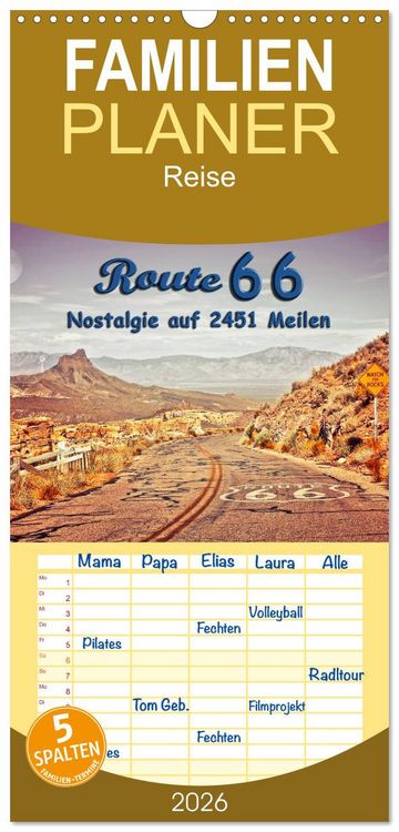 Produktbild: Familienplaner 2026 - Nostalgie auf 2451 Meilen - Route 66 mit 5 Spalten (Wandkalender, 21 x 45 cm) CALVENDO