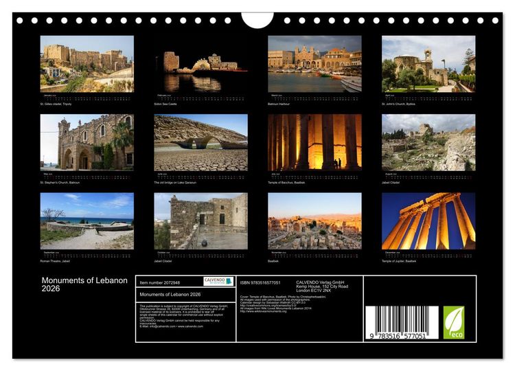 Produktbild: Monuments of Lebanon 2026 (Wall Calendar 2026 DIN A4 landscape), CALVENDO 12 Month Wall Calendar