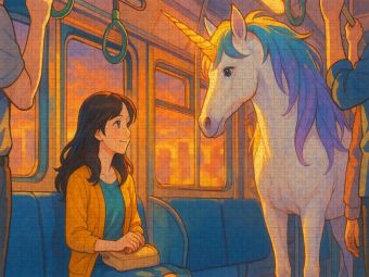 Produktbild: CALVENDO Puzzle Frau begegnet im Zug einem Einhorn | 1000 Teile Lege-Gr&ouml;&szlig;e 64x48cm Foto-Puzzle f&uuml;r gl&uuml;ckliche Stunden