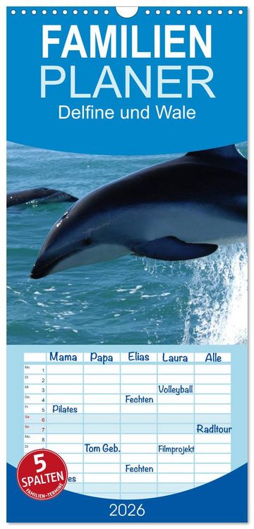 Produktbild: Familienplaner 2026 - Delfine und Wale mit 5 Spalten (Wandkalender, 21 x 45 cm) CALVENDO