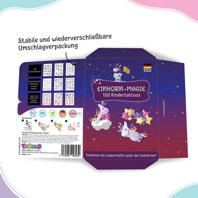 Produktbild: 150 hautfreundliche Kindertattoos &ndash; Thema: Einhorn-Magie