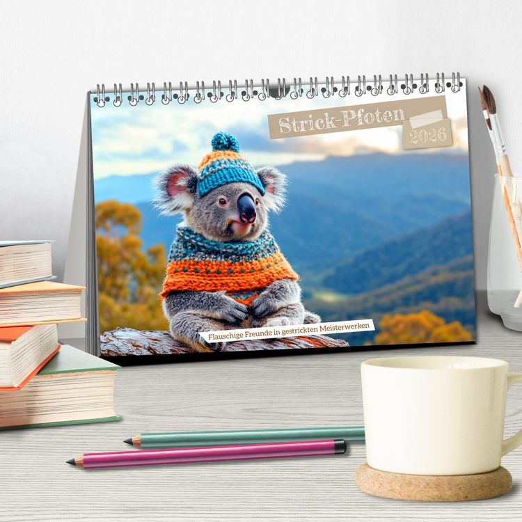 Produktbild: Strick-Pfoten - Flauschige Freunde in gestrickten Meisterwerken (Tischkalender 2026 DIN A5 quer), CALVENDO Monatskalender
